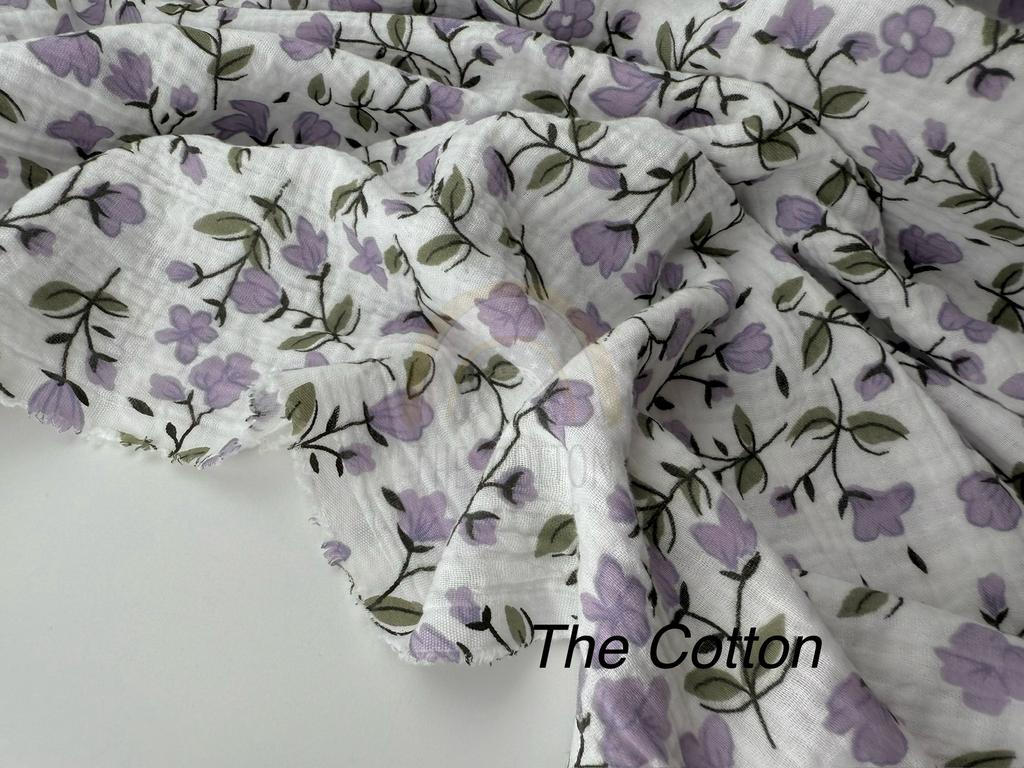 Муслін двошаровий - Квіти фіолетові крокуси на білому