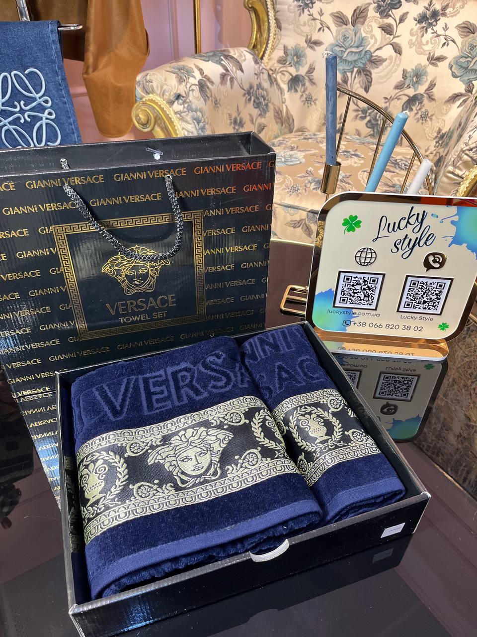 Полотенце 2 шт сет синий Versace +упаковка 66623687
