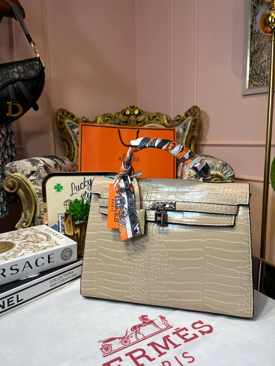 Сумка Hermes Kelly 30 см бежевая под крокодил 95865