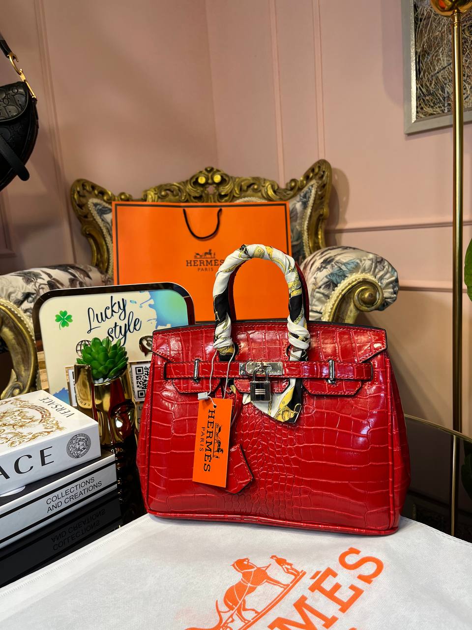 Сумка Hermes Birkin 25 см красная под крокодил 95867