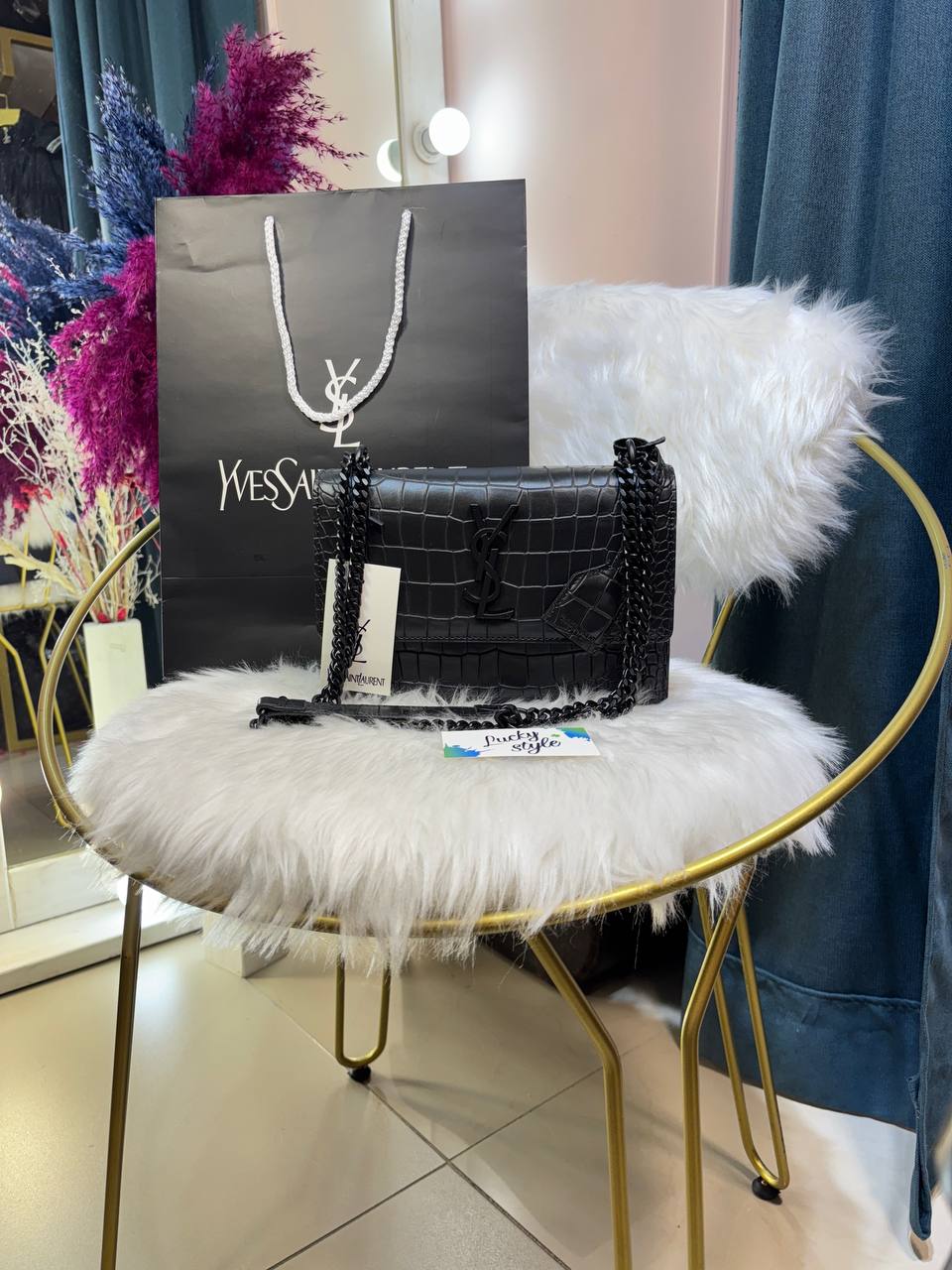 Сумка Yves Saint Laurent  черная под крокодил с чёрной фурнитурой 96152