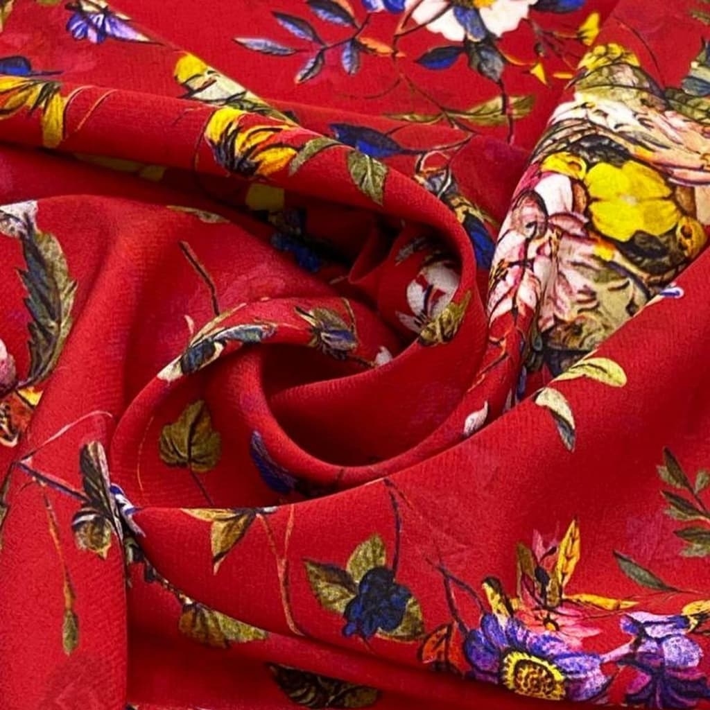 3,25m Шелковый крепдешин V@lentino фон классический красный с цветочным принтом