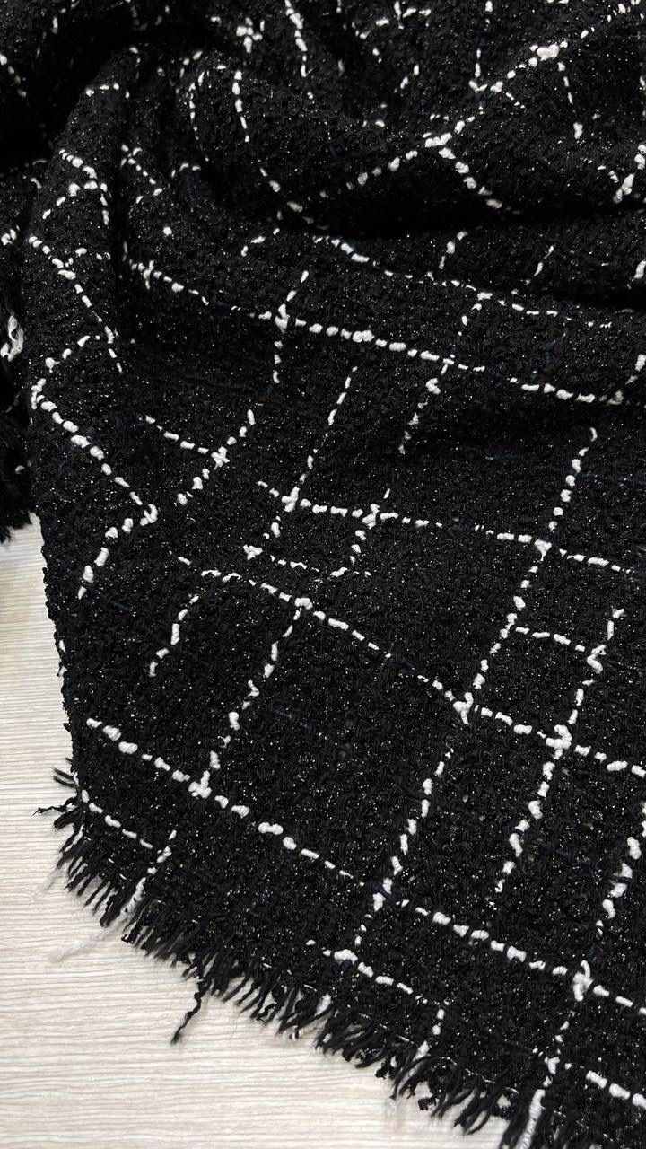 1м Твид шерстяной с люрексом оригинал Ch@nel черный в белую клетку