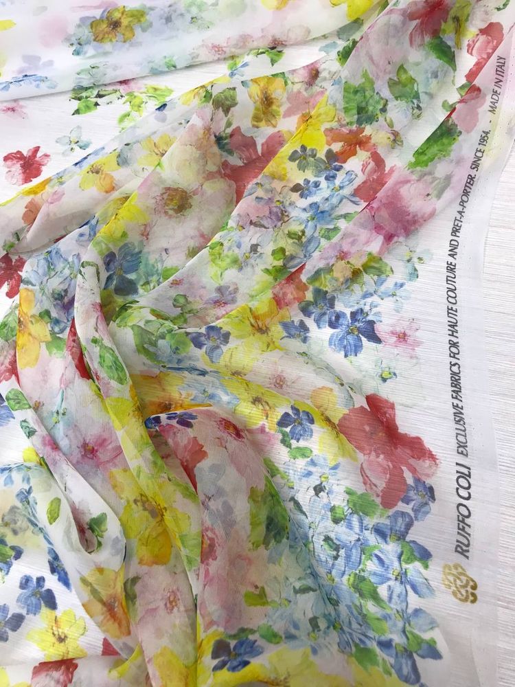 Шёлковый шифон вуаль Ruff0 C0li фон белый, принт цветочный multicolor