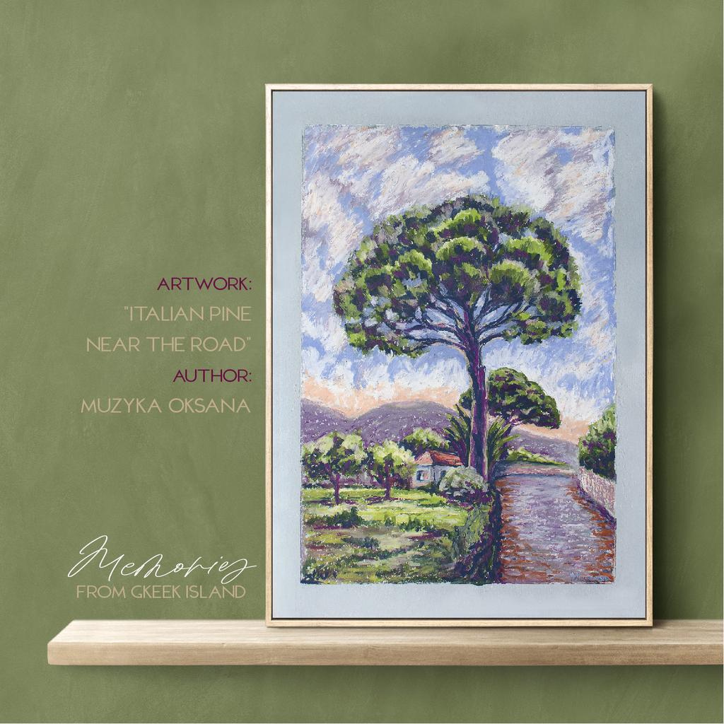 art "Italian pine near the road". original