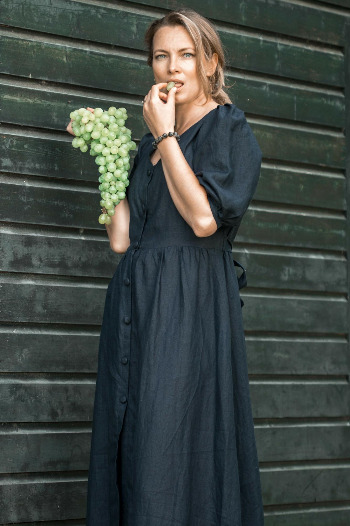 BLACK LINEN DRESS MAXI VINTAGE KATHARINA