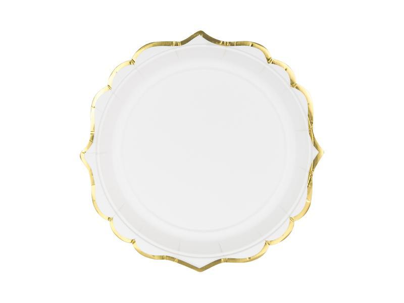 Papīra šķīvji balti ar zelta maliņu, 18 cm, 6 gab