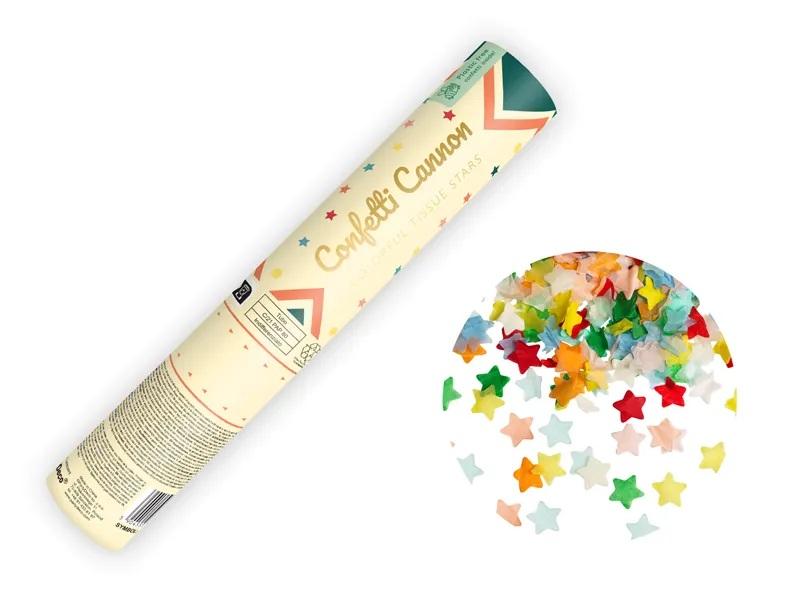 Plaukšķene ar daudzkrāsu papīra zvaigznītēm, 20 cm