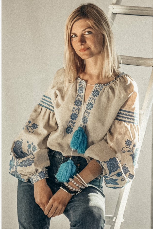 CHEMISE ETHNIQUE EN LIN BRODEE INDIGO
