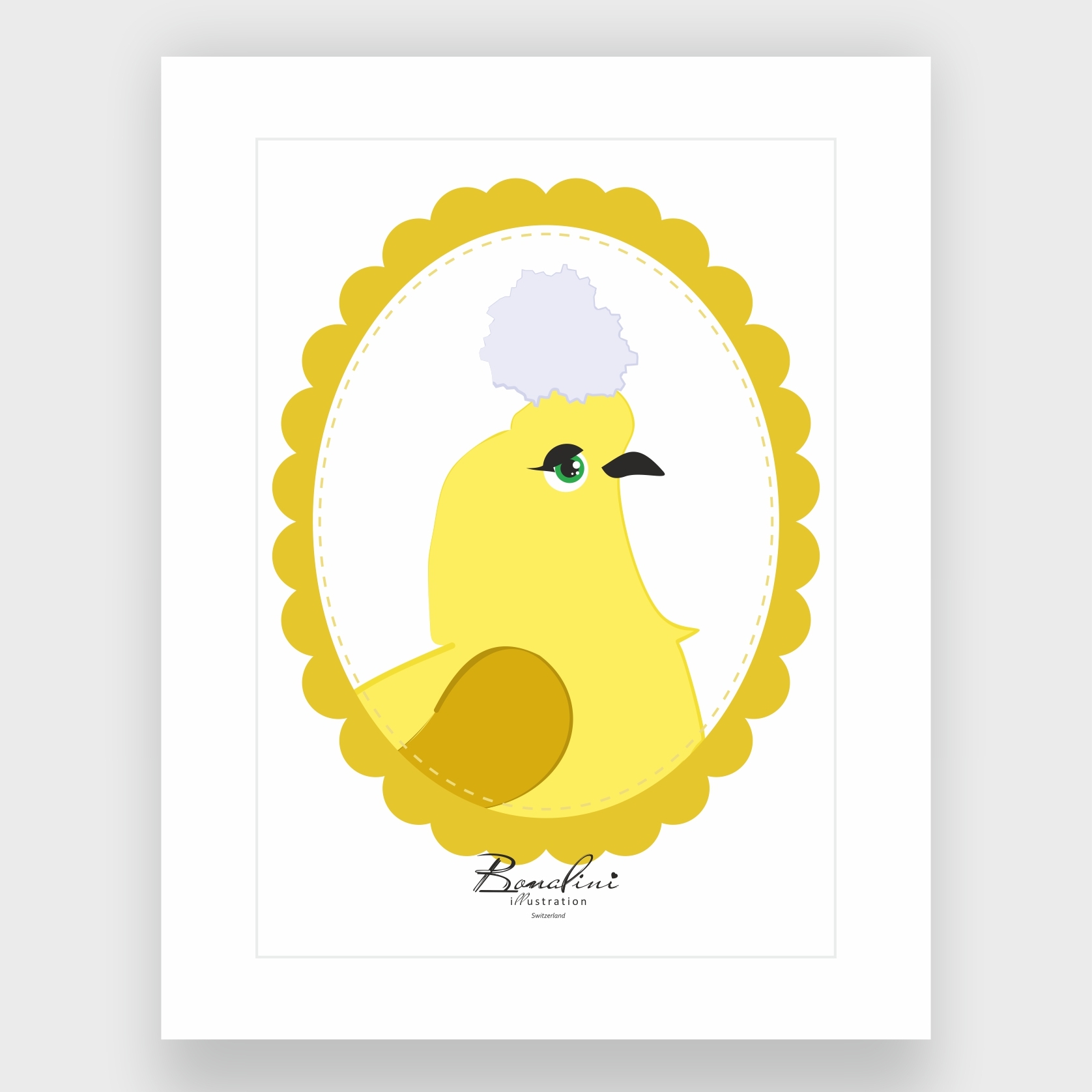Louis The Royal Pigeon detail — elegant yellow bird character with lavender purple crest, golden s