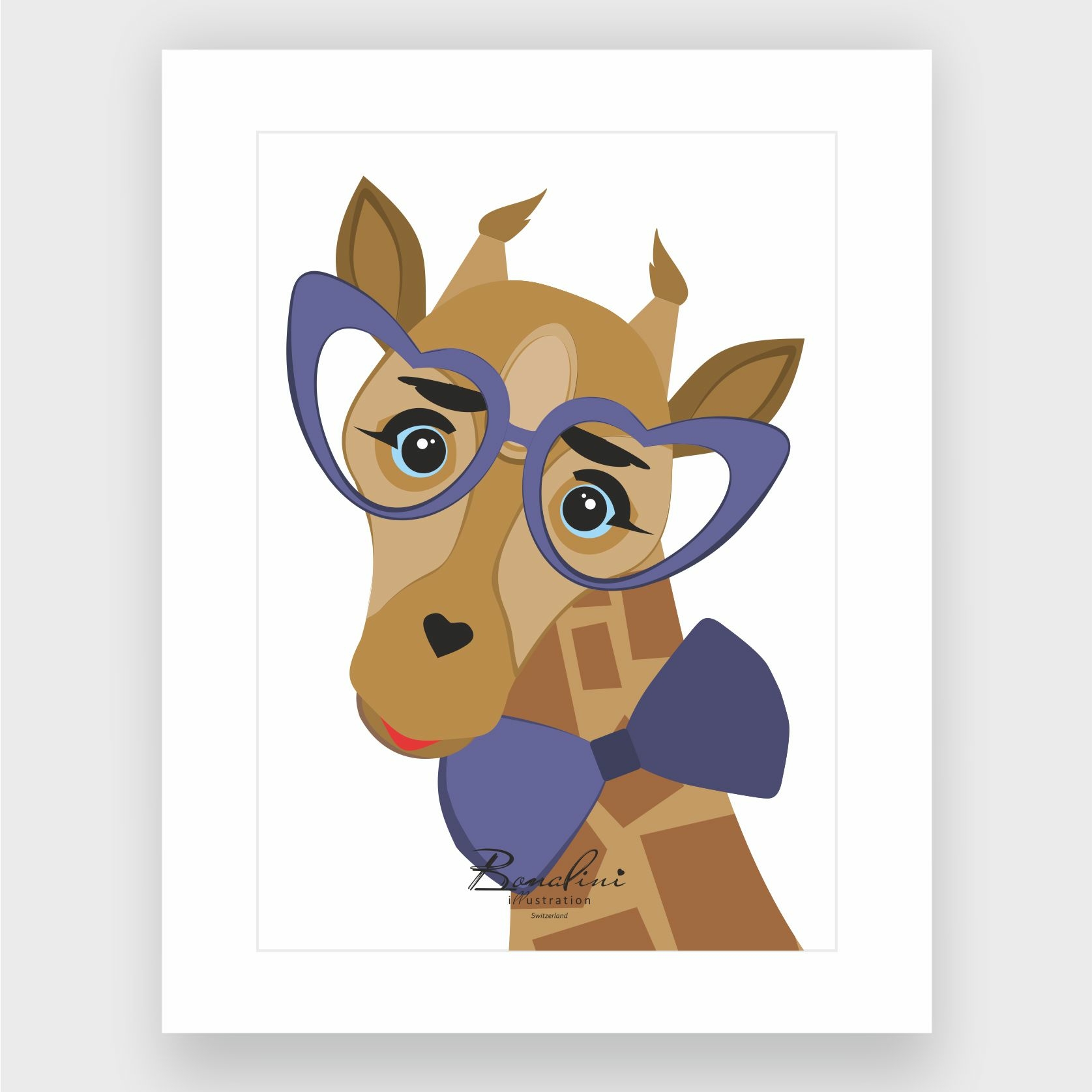 Geralt the Giraffe poster with heart-shaped purple glasses and blue bow tie, stylish giraffe art print for kids room, Bonalini Switzerland illustration on white background