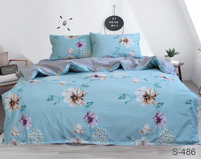 голубое постельное белье сатин с цветами фото 1