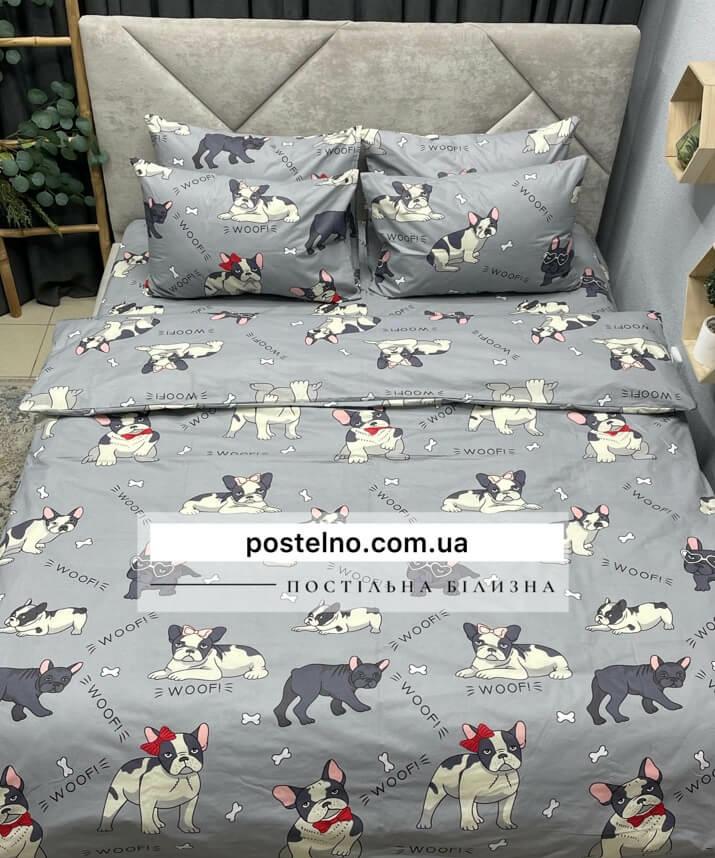 постельное белье серого цвета с собаками породы французский бульдог