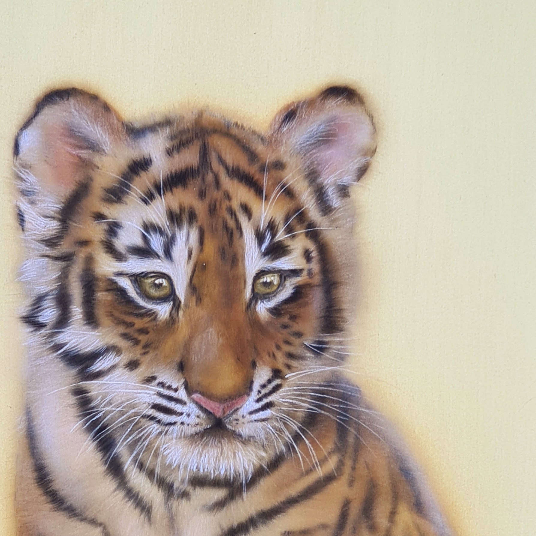 "Nimer"  Hyperrealistic tiger cub portrait painted on pure silk