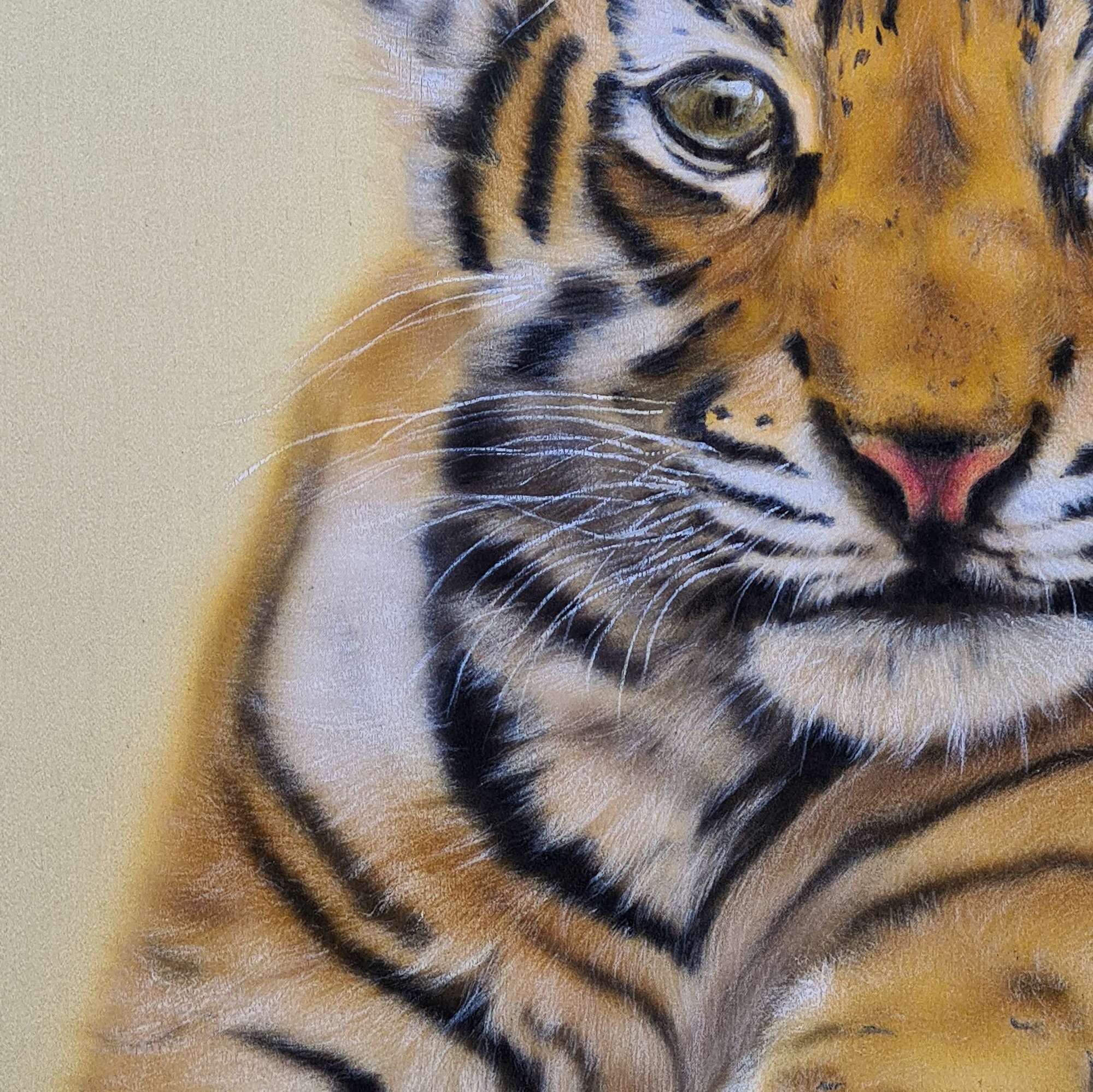 "Luna"  Hyperrealistic tiger cub portrait painted on pure silk