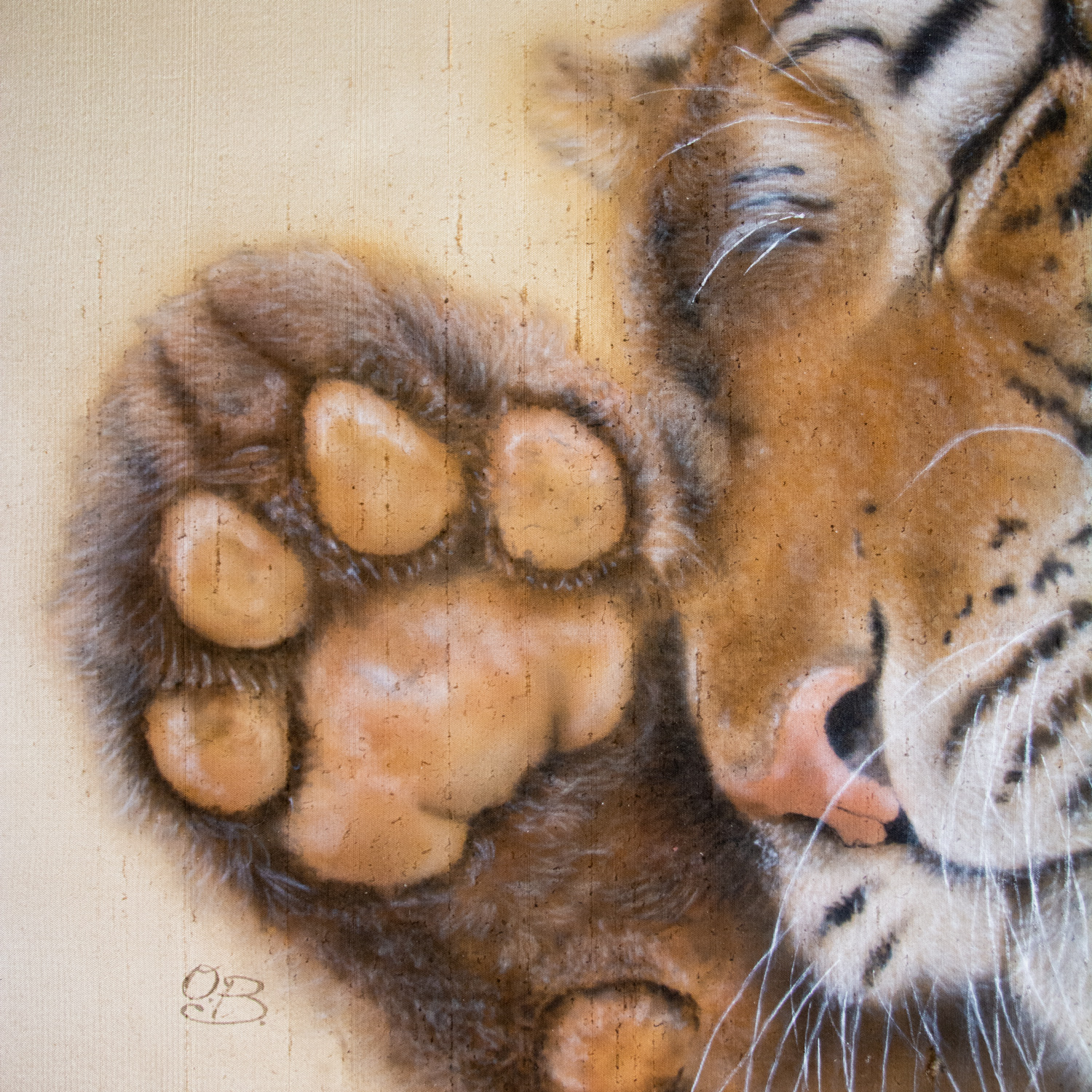Dreamy Tiger -  Hyperrealistic tiger portrait painted on pure silk