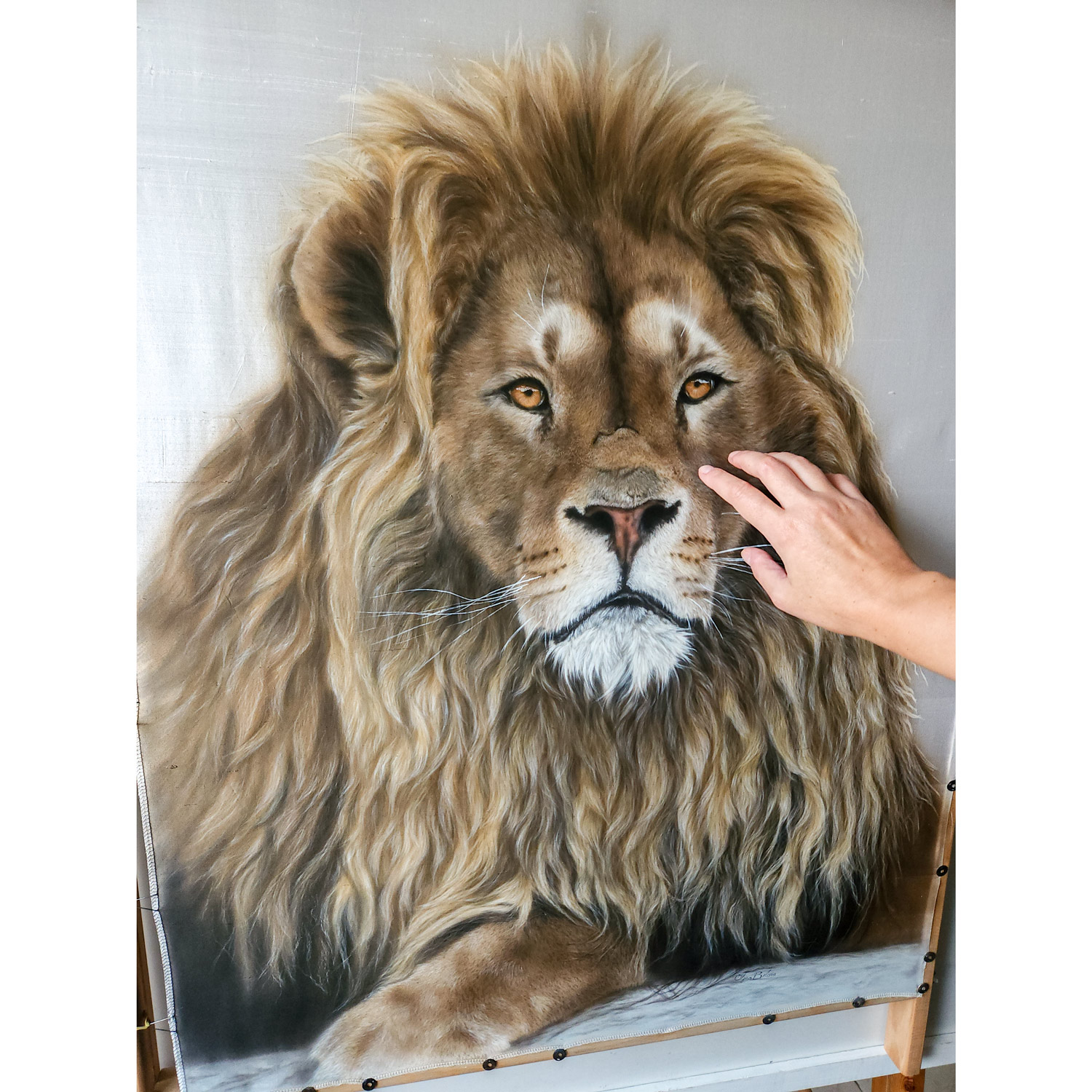 "Contemplation"  Hyperrealistic lion portrait painted on pure silk