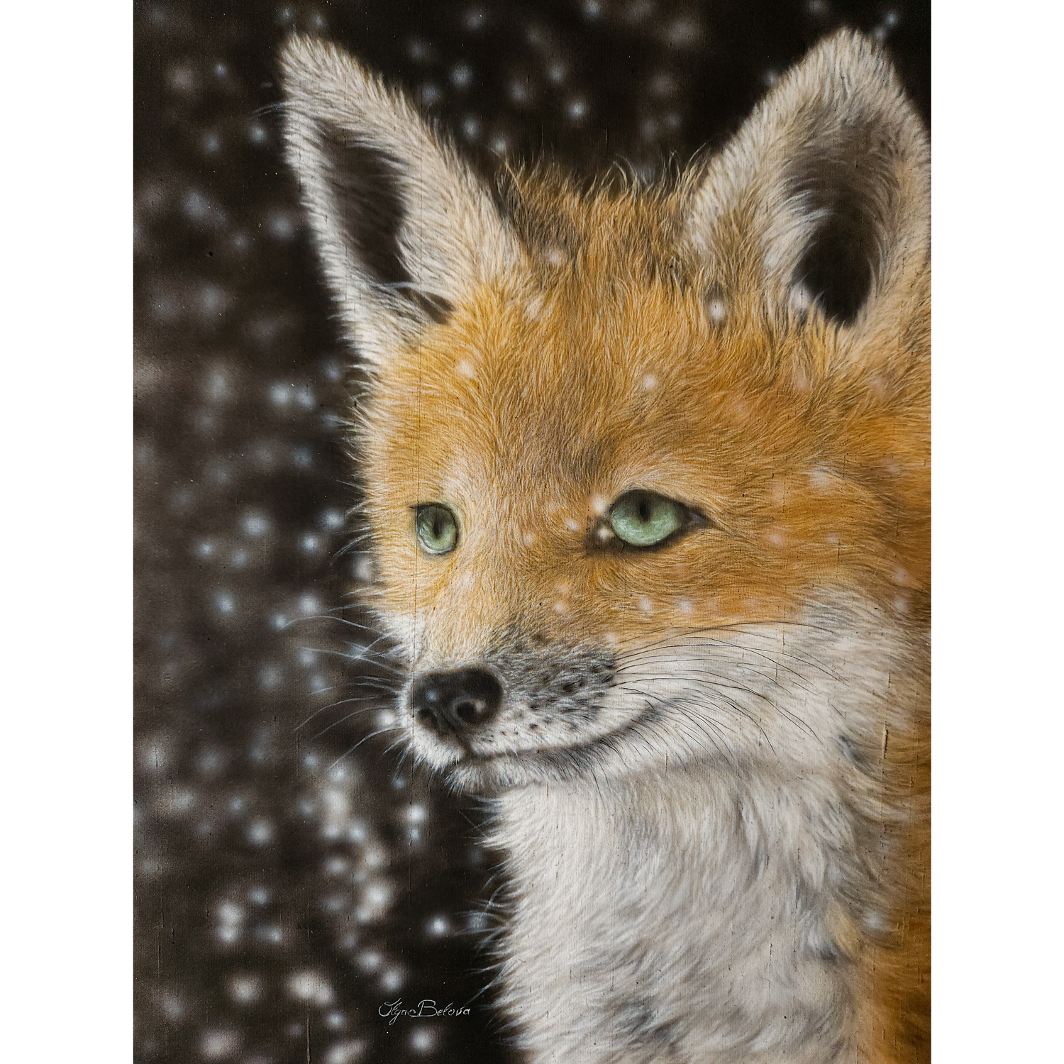 "Fox & Snow"  Hyperrealistic baby fox portrait painted on pure silk