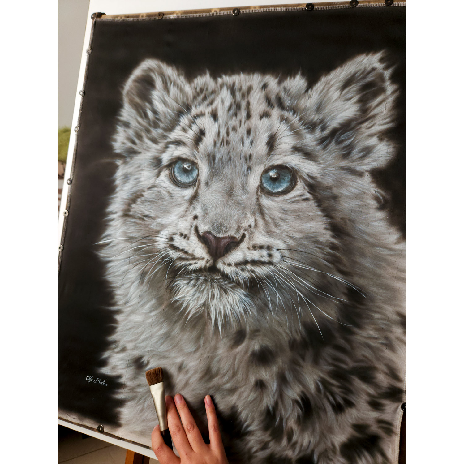 Snow Leopard Cub "Charm"  painted on pure silk