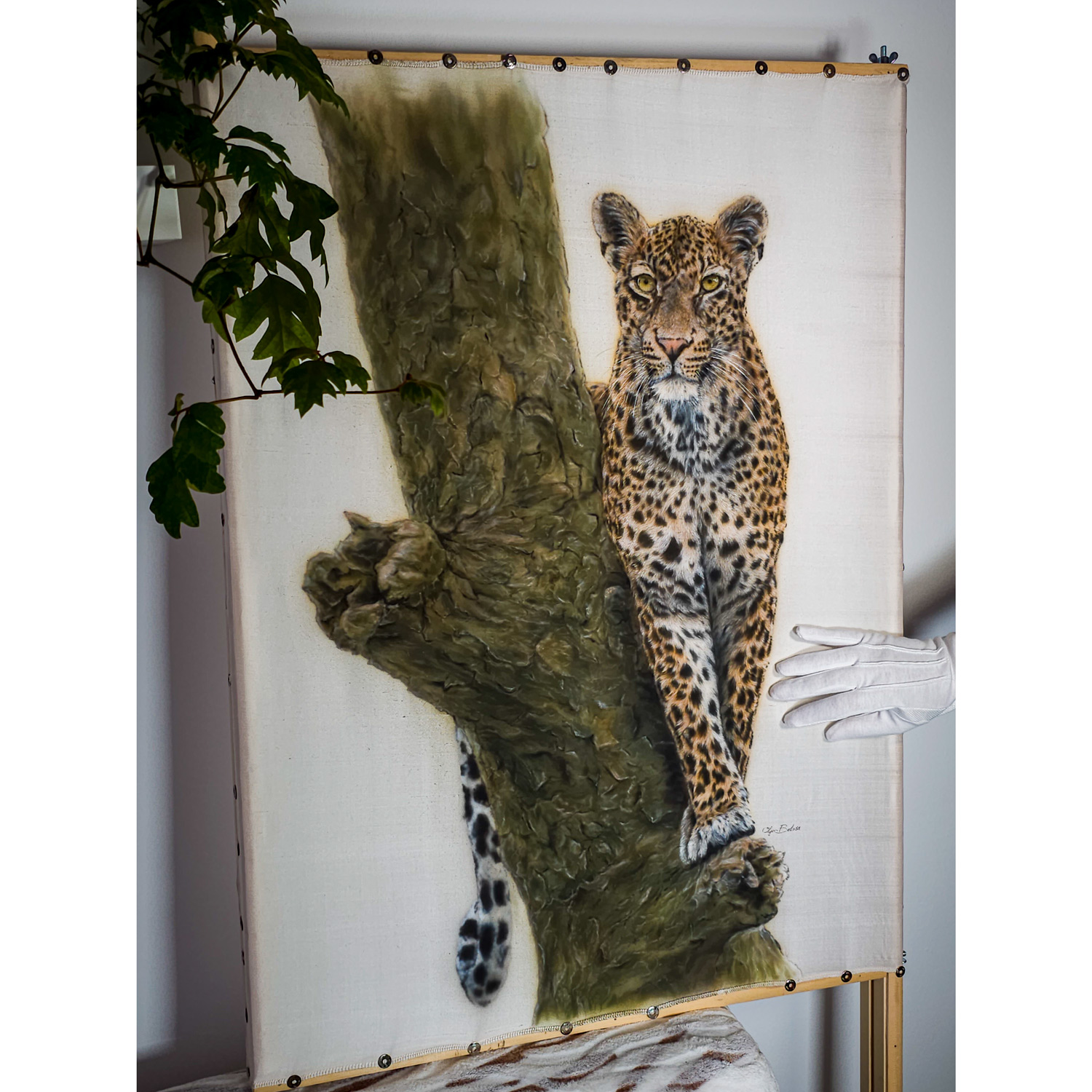 “Boldness”  Hyperrealistic Leopard painted on pure silk