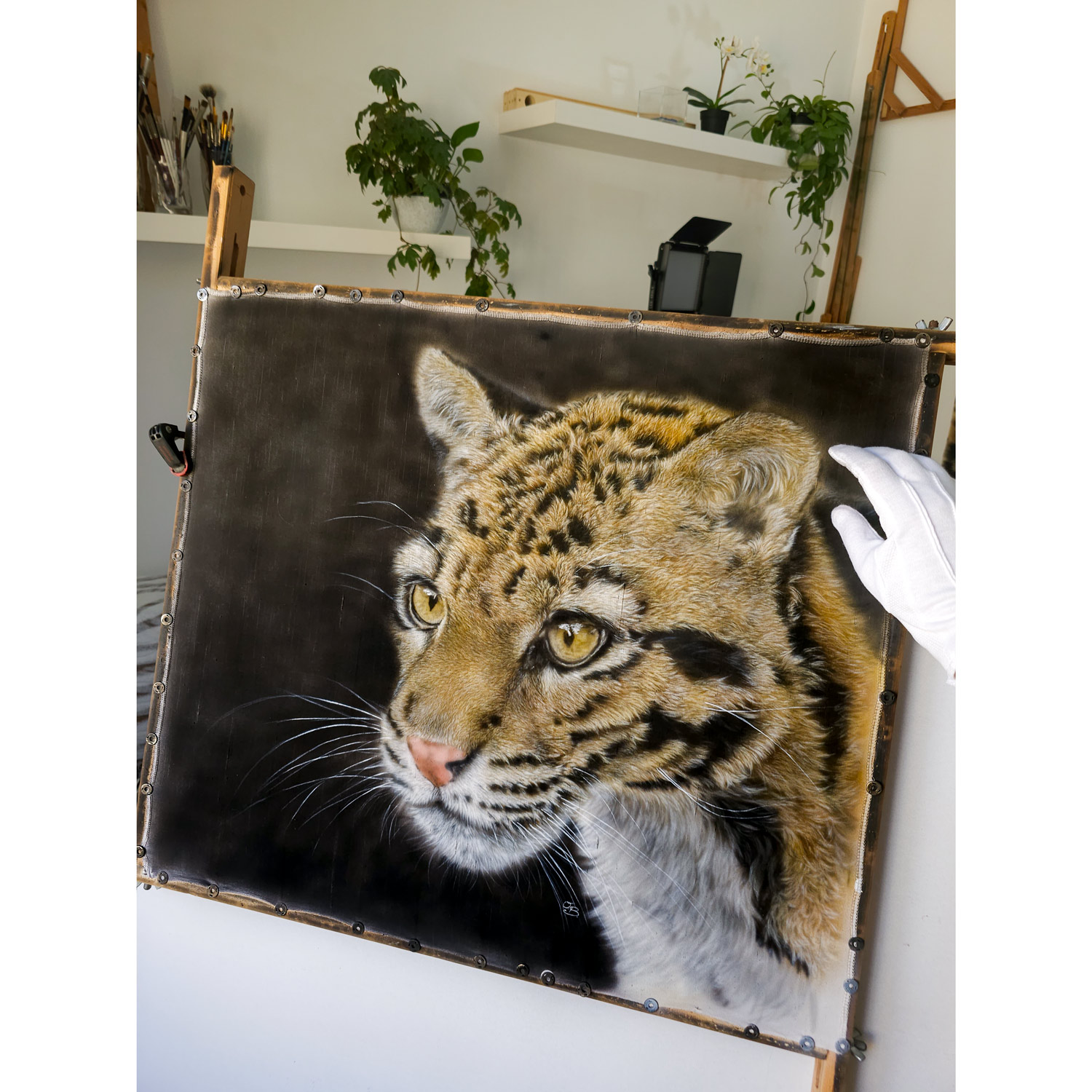 "Secret Cat" -  Hyperrealistic cloud cat portrait painted on pure silk