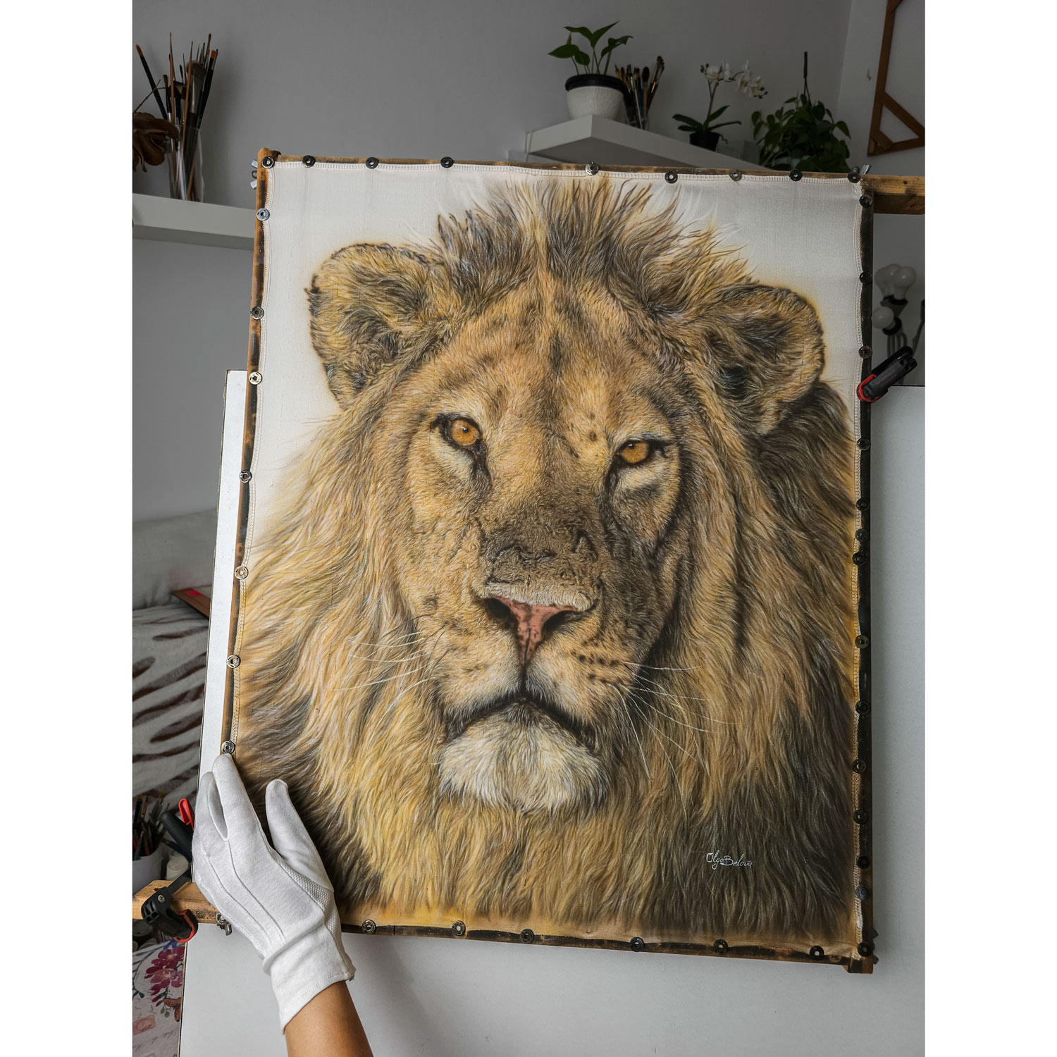 "Greatness"-  Hyperrealistic lion portrait painted on pure silk