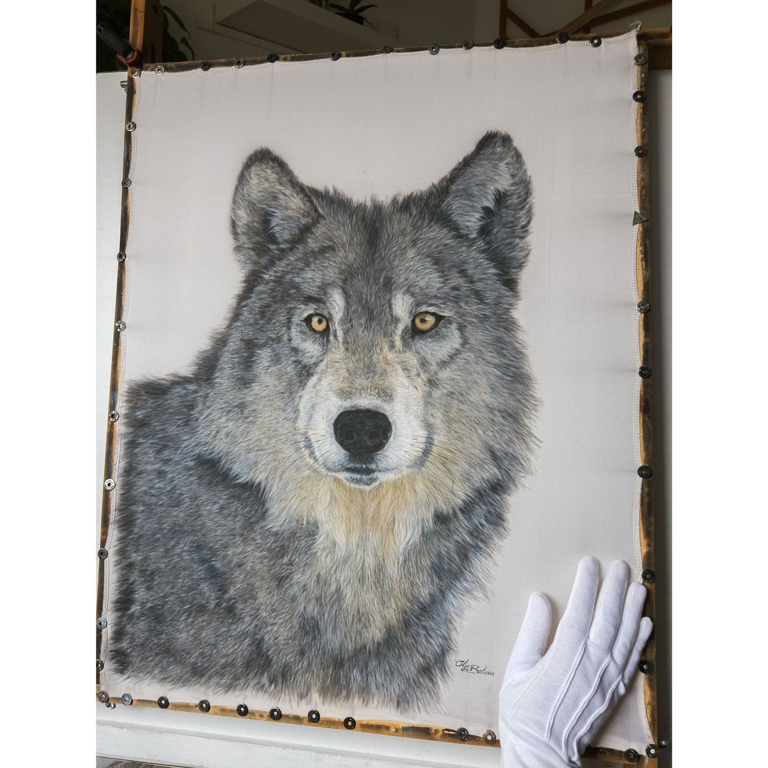 "Wolf"-  Hyperrealistic wolf portrait painted on pure silk