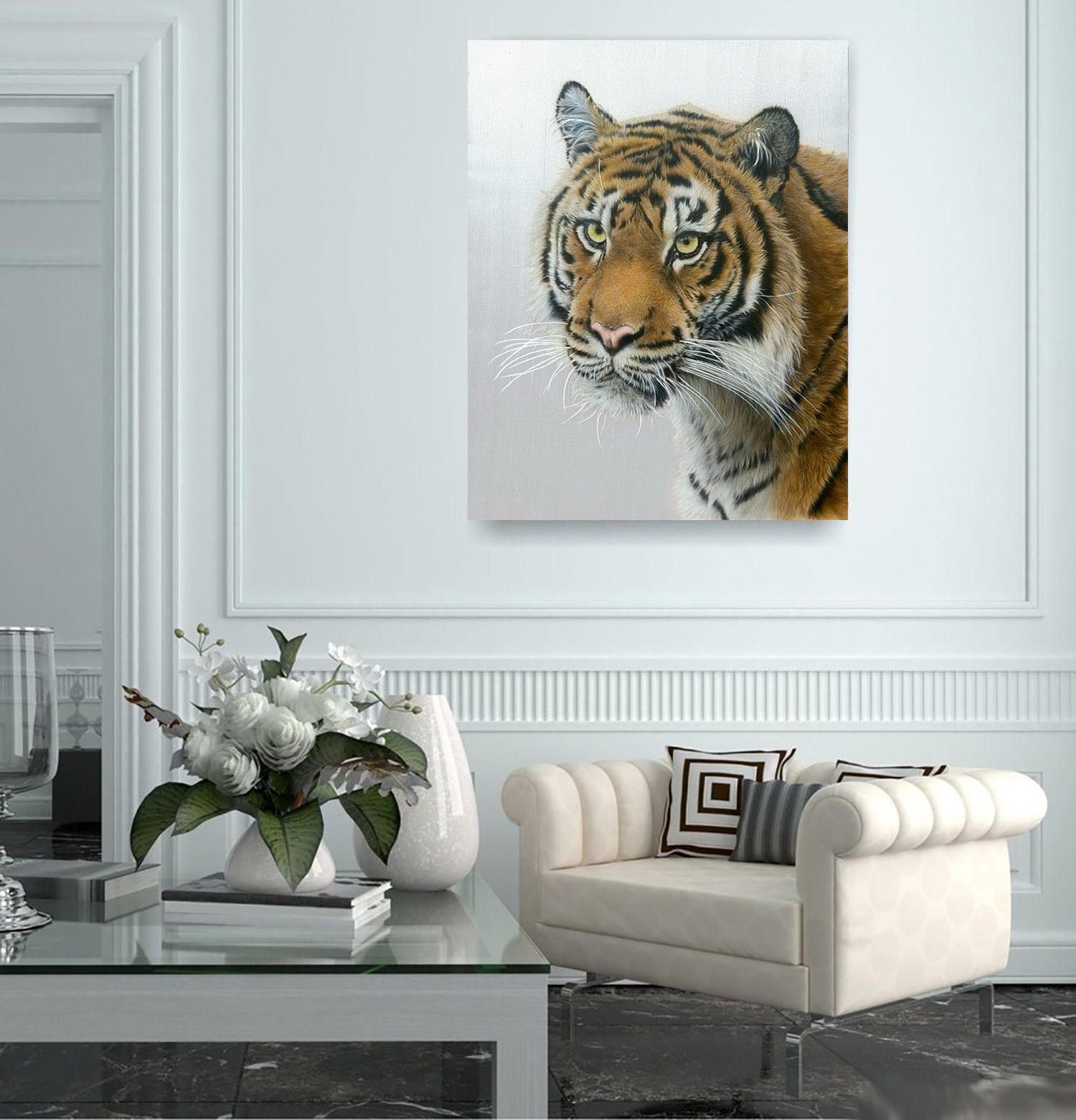 Glimmering gaze – Hyper realistic tiger portrait painted on pure silk