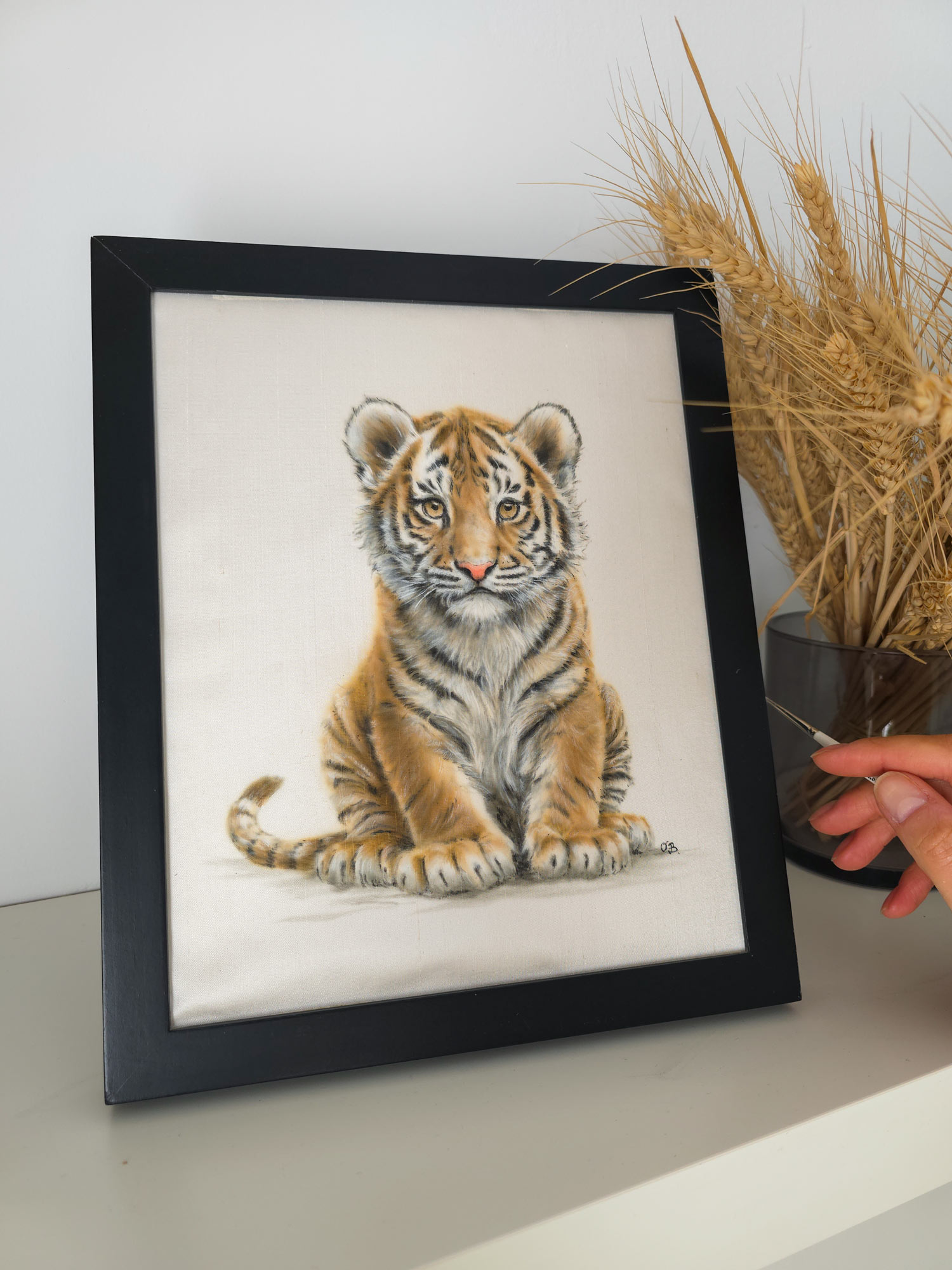 Tender Pause: Little Tiger Cub Painted on Silk (silk Painting)