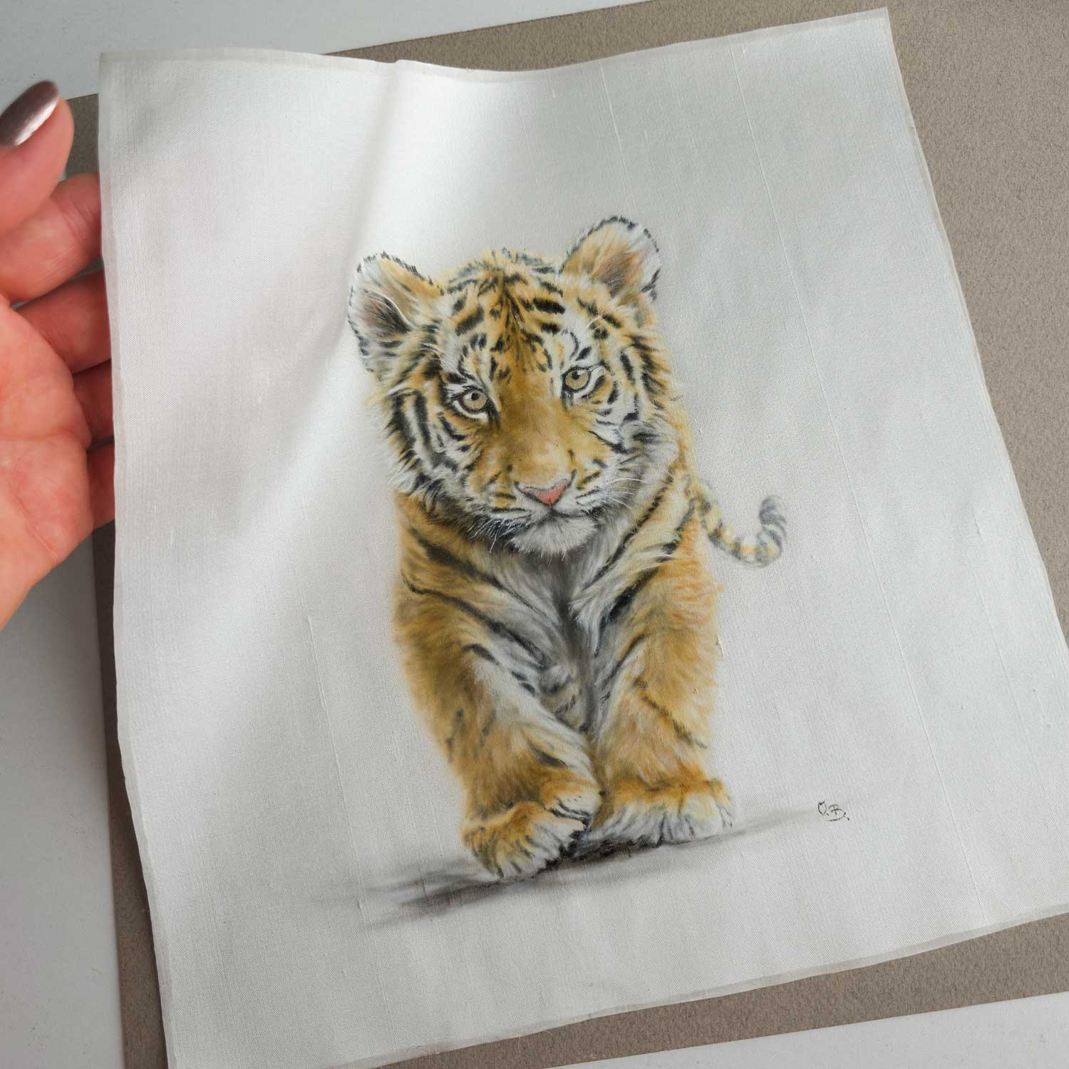 Graceful Steps: Little Tiger Cub on Silk (silk Painting)