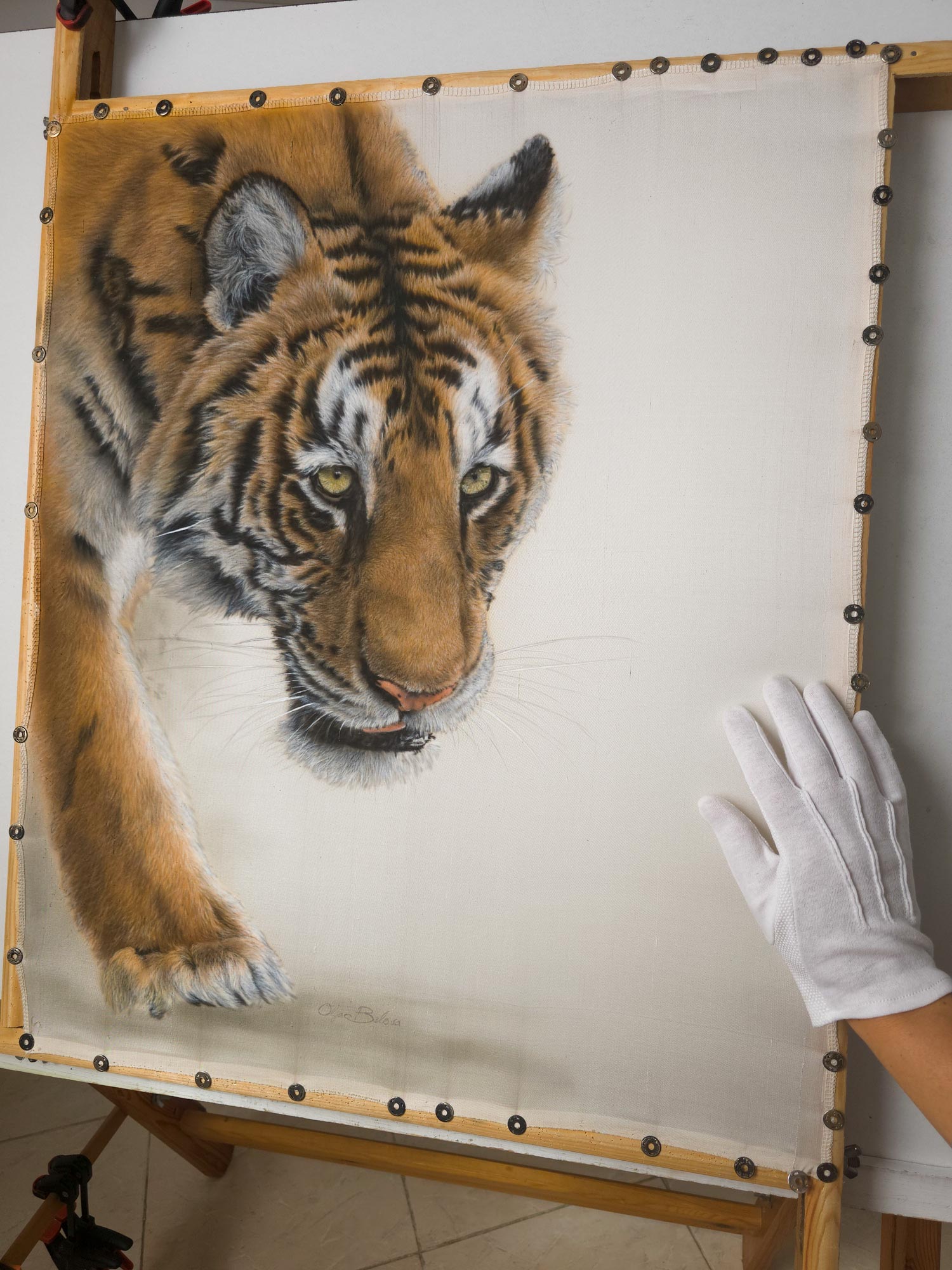 Velvet steps – Silk painted tiger portrait