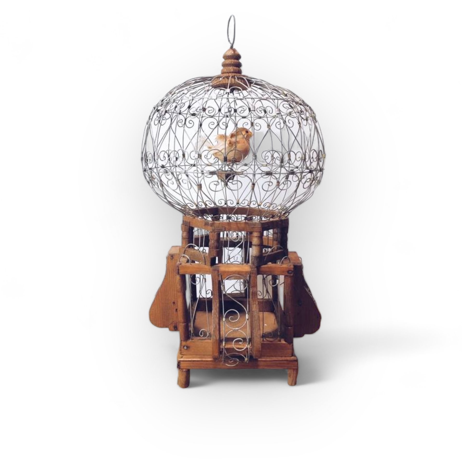 Клітка антикварна з пташкою, дерево/метал