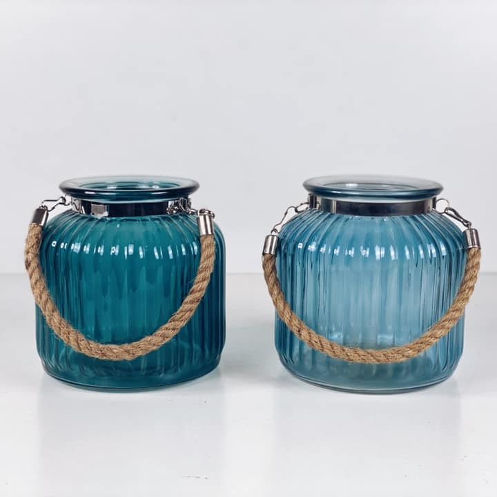 Ваза-ліхтар синя мала, скло/метал/джут CL-066