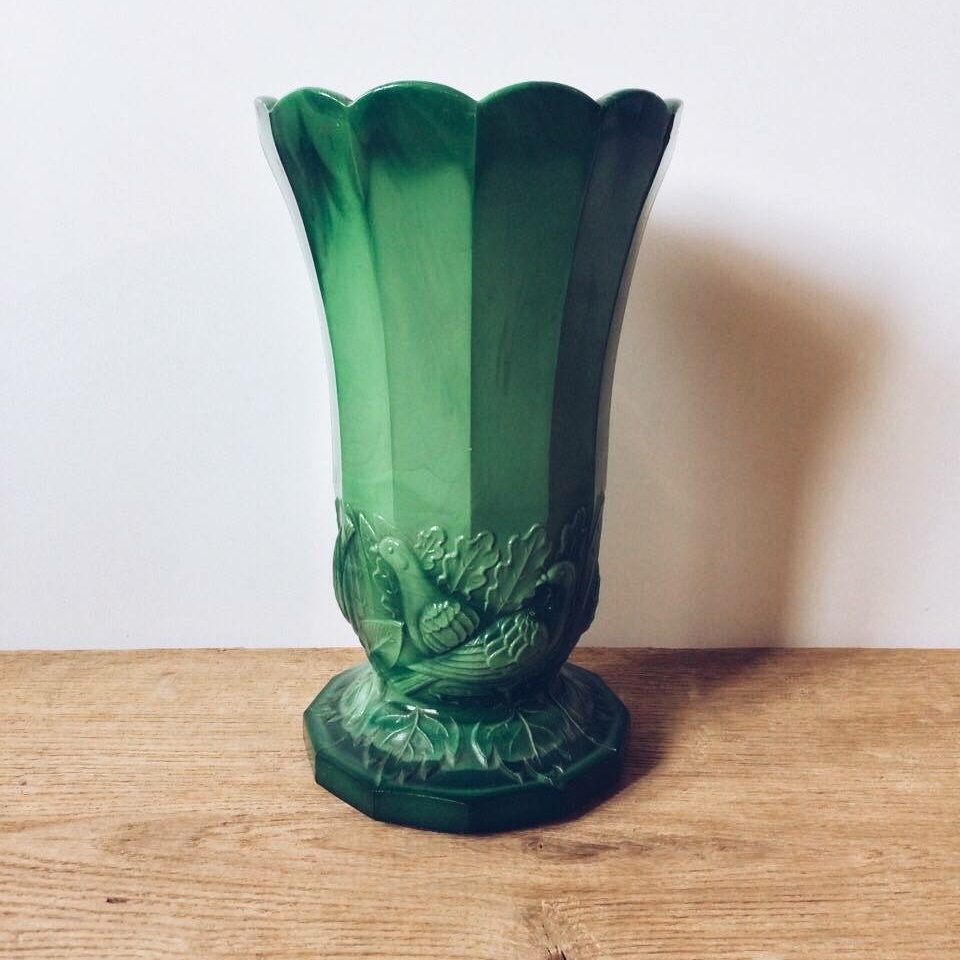 Ваза зелена ретро з пташками, скло VA-006