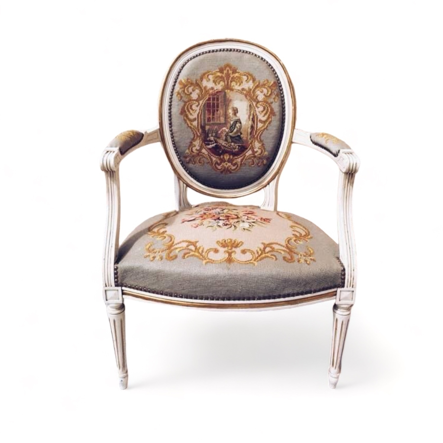 Крісло медальйон гобелен сірий/золото вінтаж, деревов/тканина CH-050
