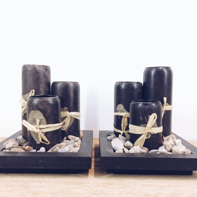 Підсвічники дерев'яні (3 шт) на підставці, дерево/камінці CS-046