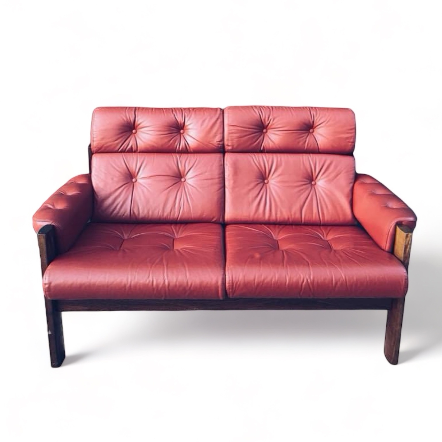 Диван 2-місний шкіряний червоний з отоманкою вінтаж, нат.шкіра/дерево SF2-005