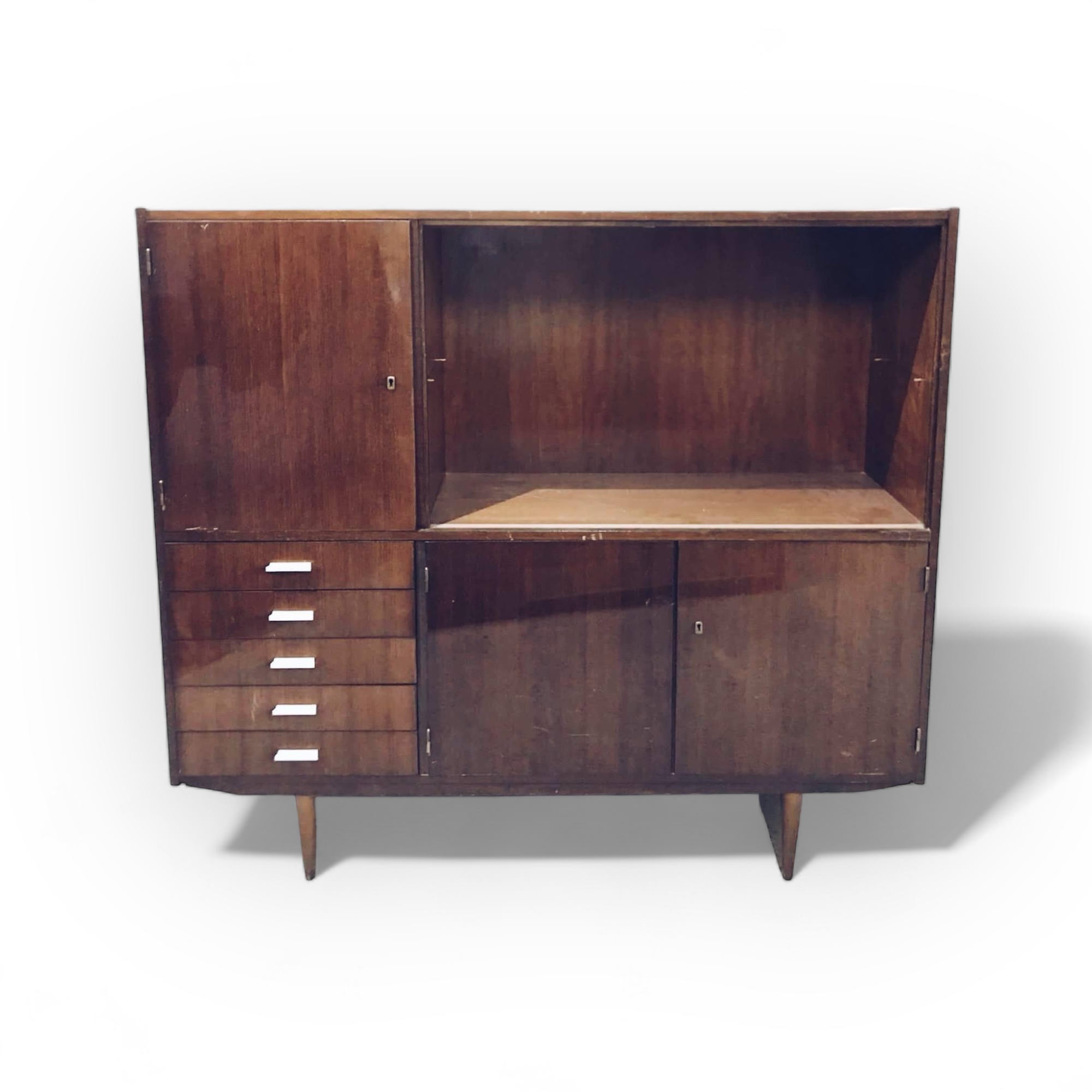 Сервант на ніжках на декілька відділень з шухлядами та склом ретро, темний лак CB-023