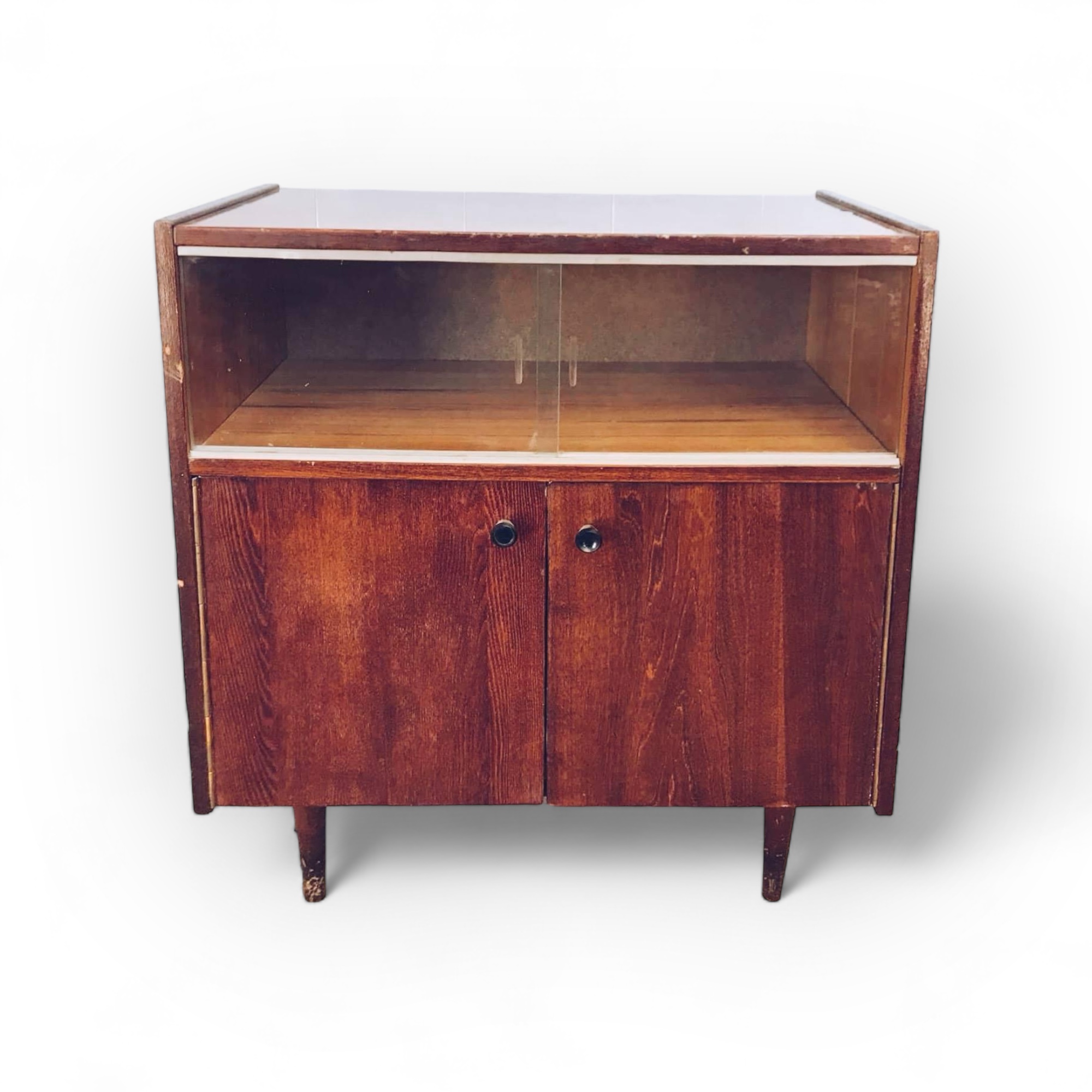 Тумба на ніжках з полицею за склом ретро, темний лак CB-021