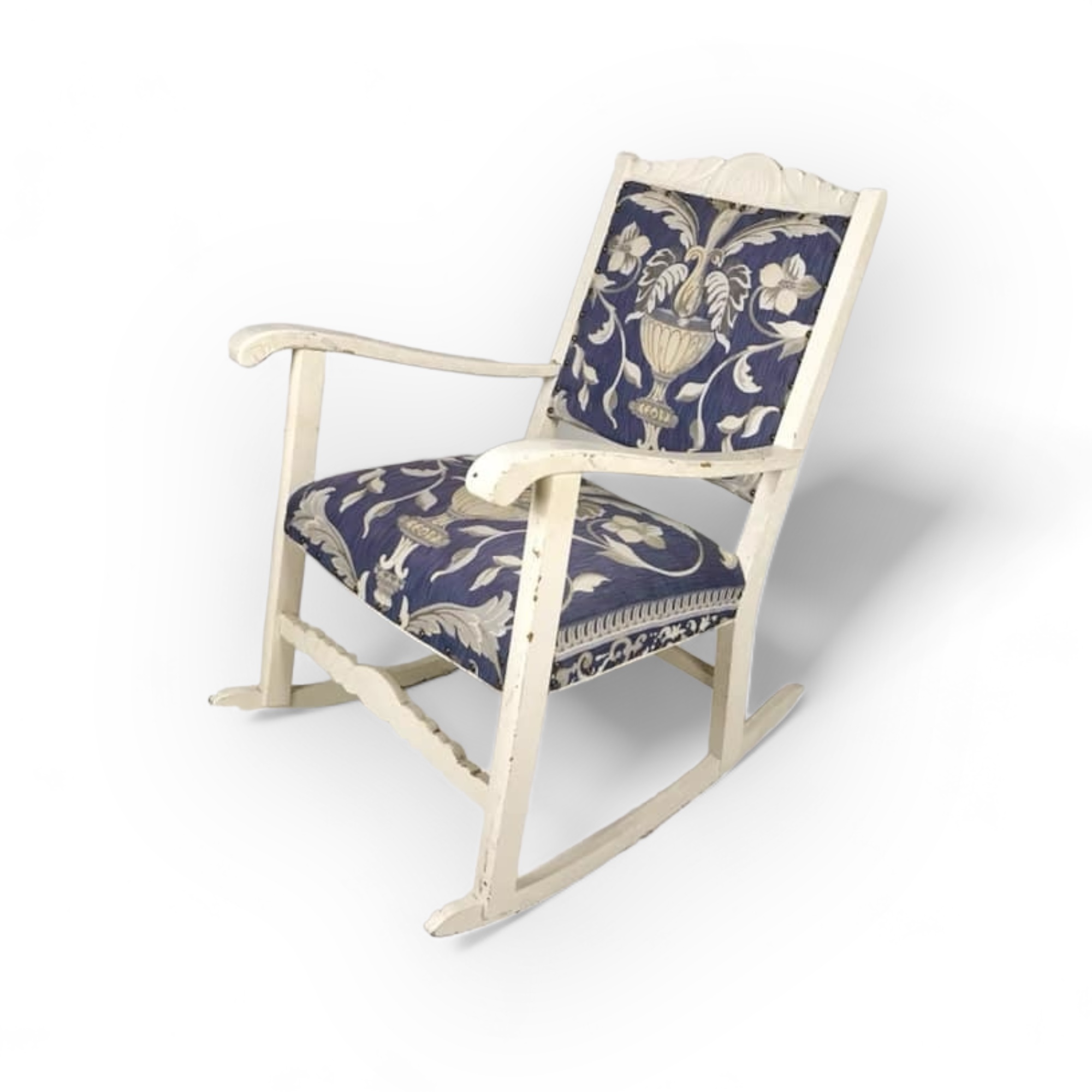 Крісло-качалка вінтаж бежево-сині візерунки, дерево/тканина CH-006