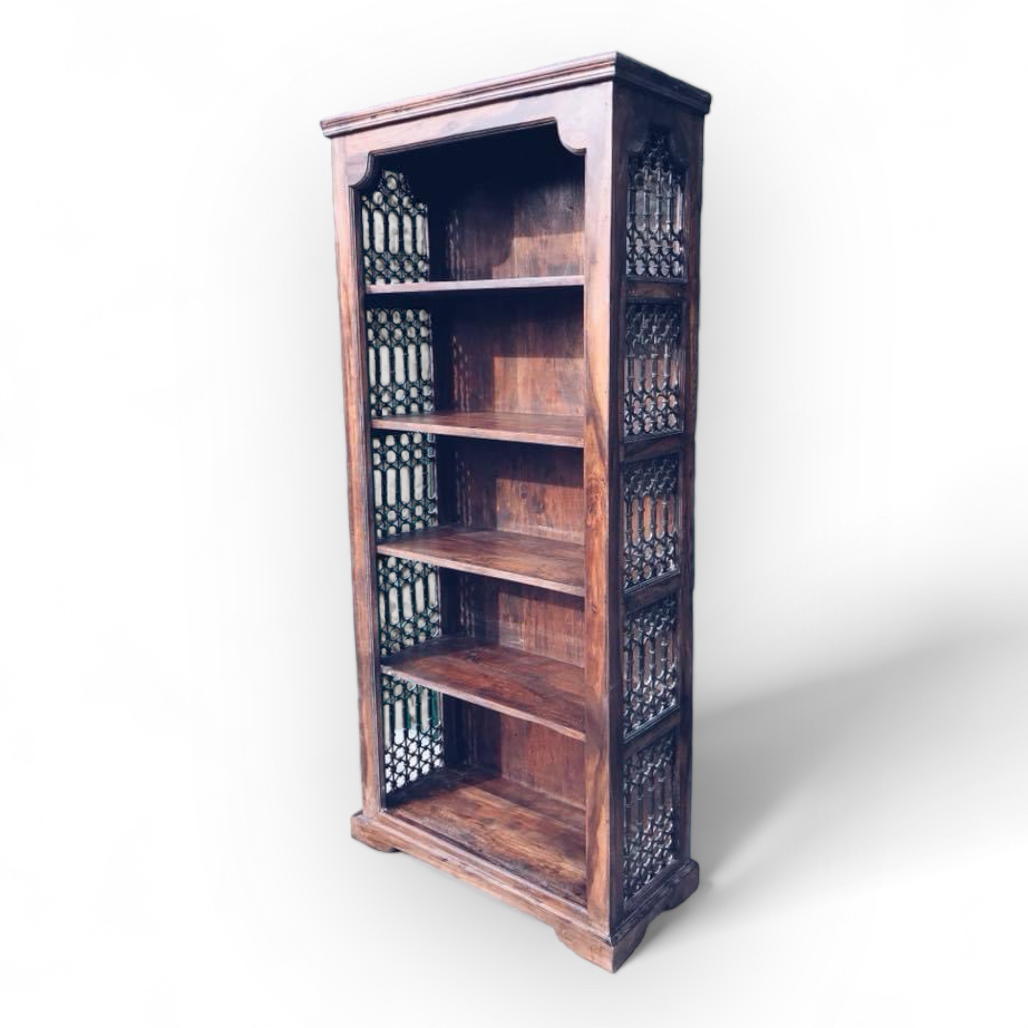 Шафа-стелаж у колоніальному стилі з металевими ажурними вставками, темне дерево/метал  SR-012