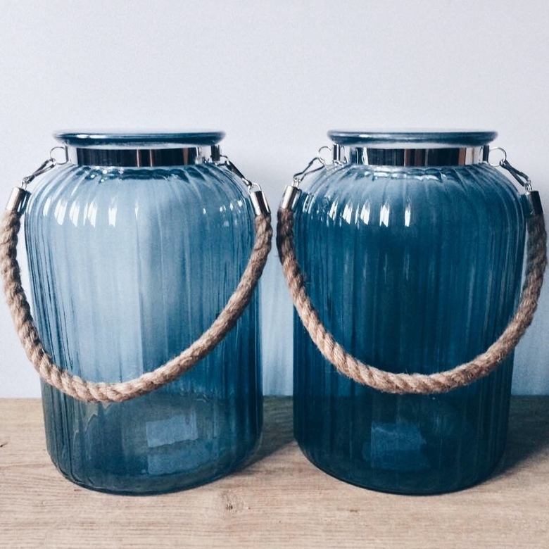 Ваза-ліхтар синя велика, скло/метал/джут CL-056