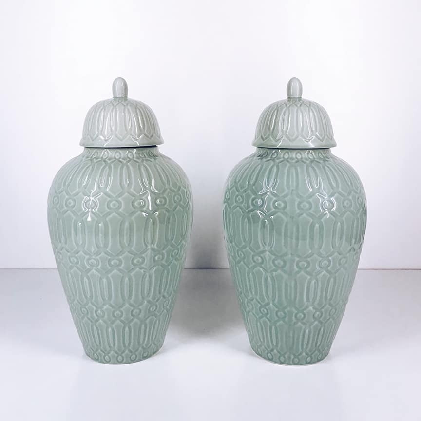 Ваза-банка імбирна рельєфна сіро-зелена кераміка VA-150