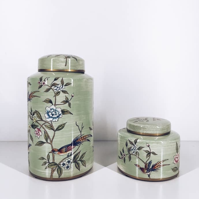 Ваза-банка імбирна м'ятна пташки та квіти порцеляна VA-249