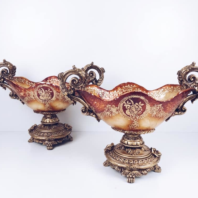 Ваза "барочна" на ніжкі с ручками оранж/золото полімер VA-192