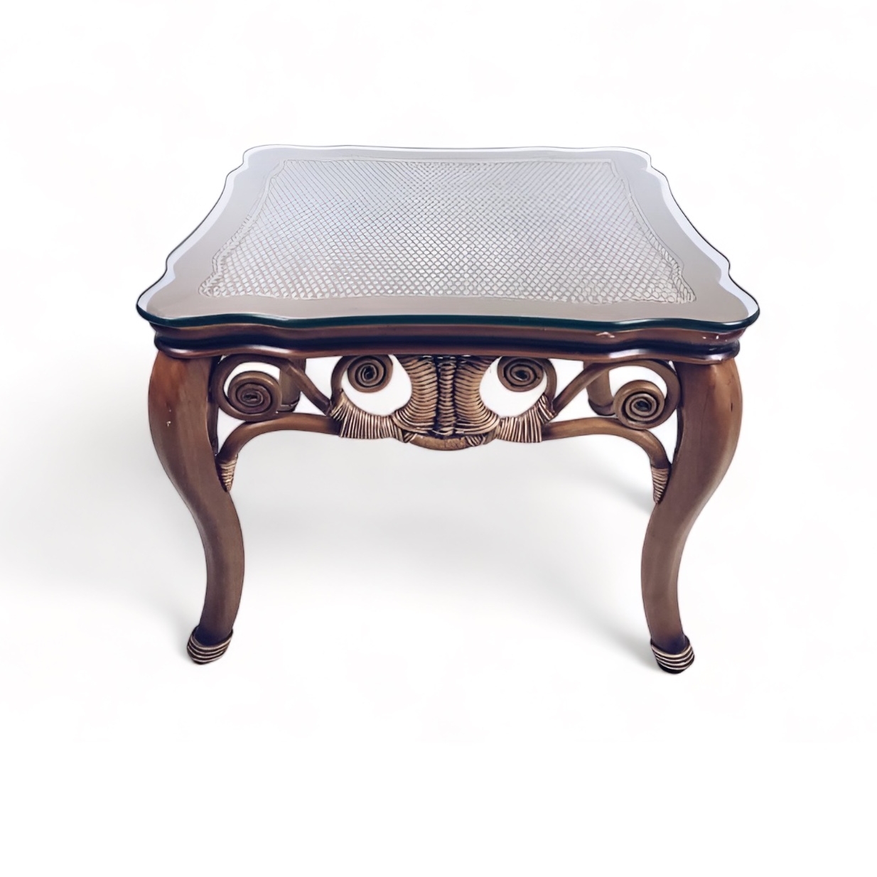 Столик кавовий фігурний вінтаж ротанг/скло TB-566