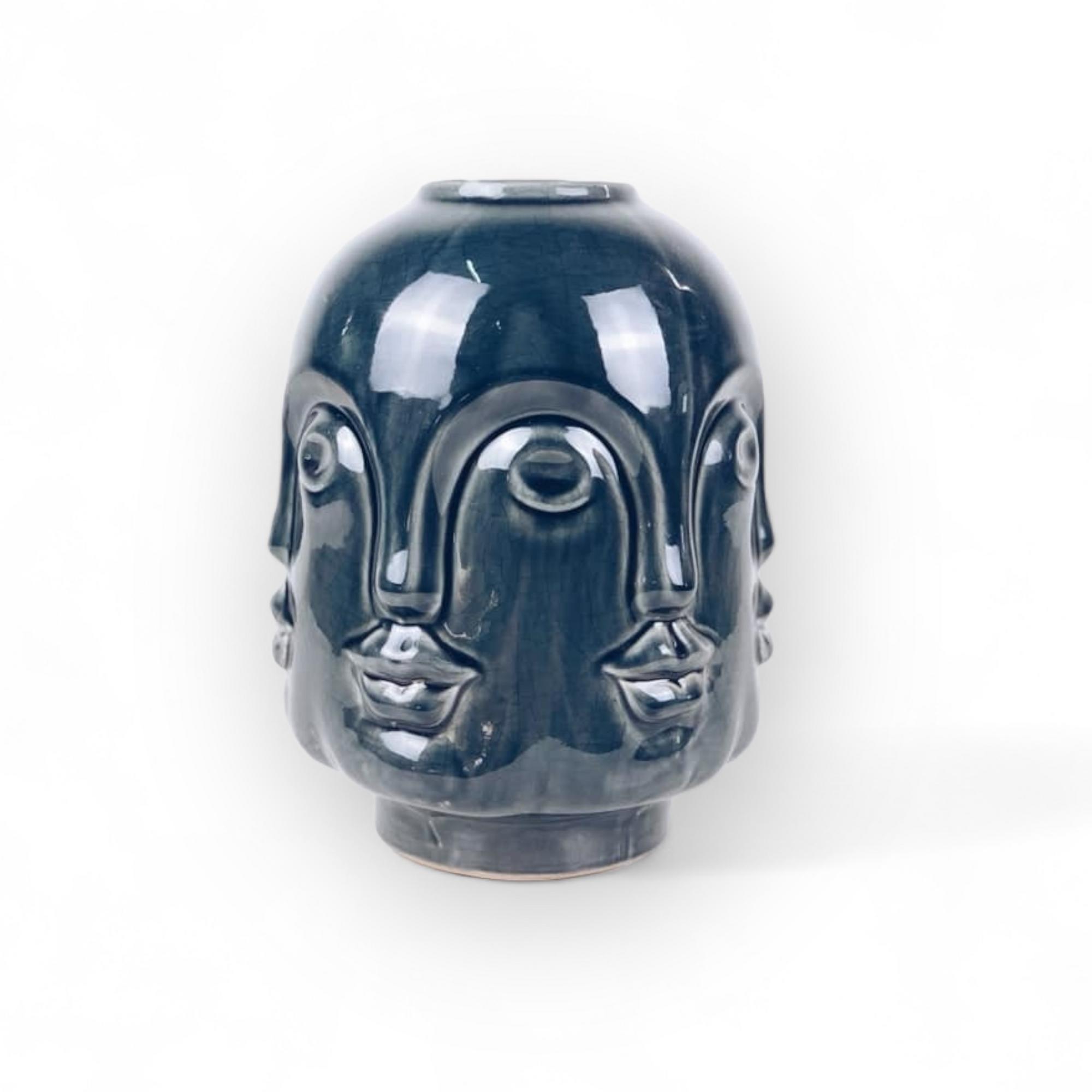 Ваза з обличчями велика кераміка сіро-синя VA-252