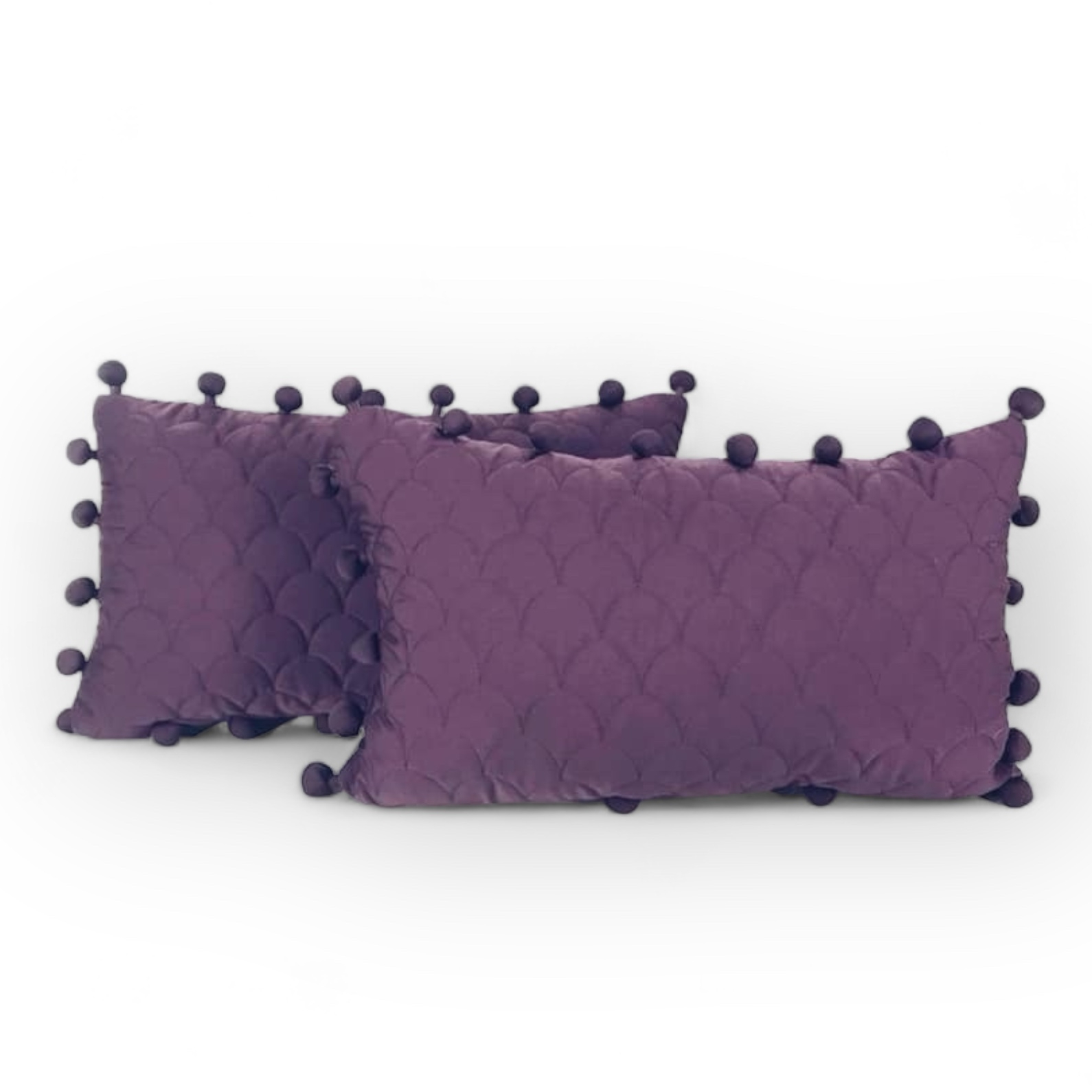 Подушка декоративна прямокутна шовк фіолет декор кульки-помпони PW-248