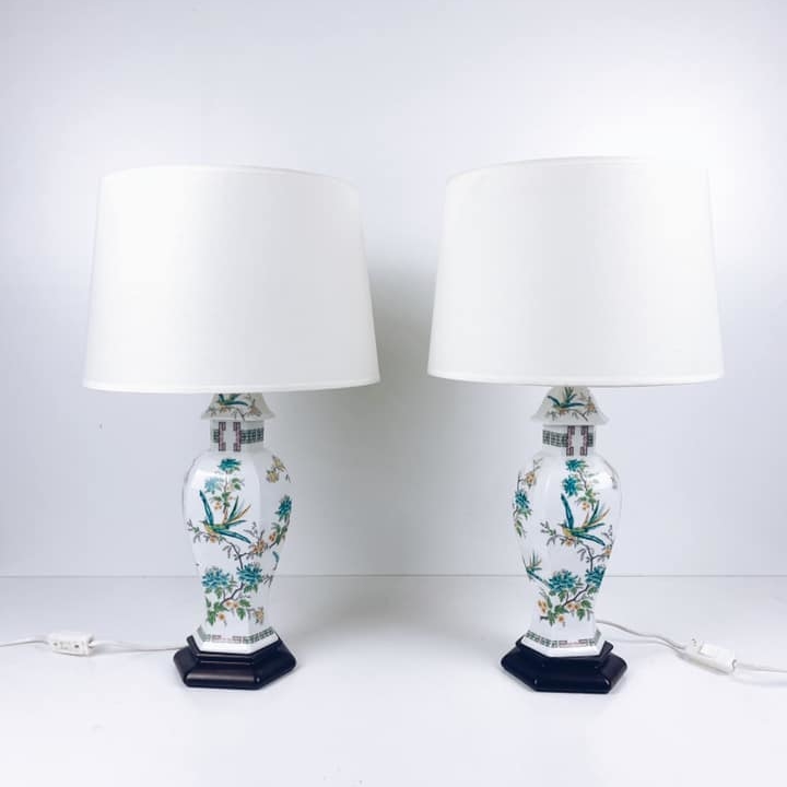 Лампа настільна вінтаж база порцеляна с птахами абажур білий LT-134