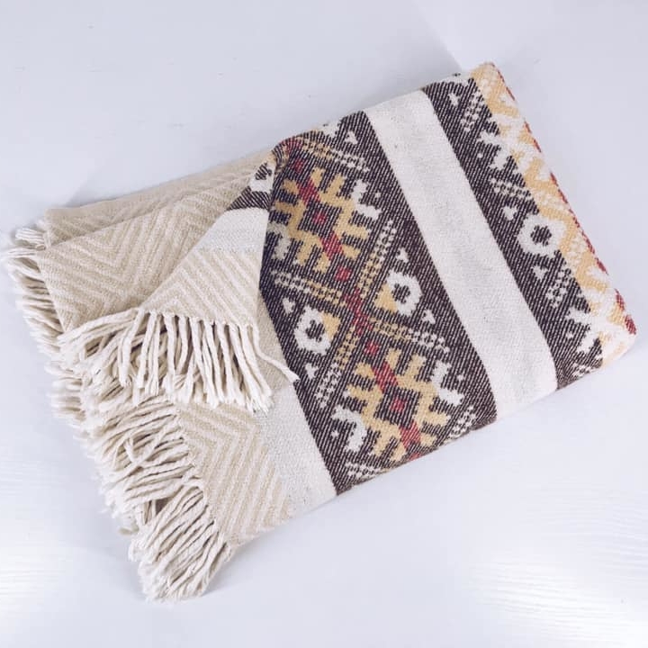 Плед беж зі смугами орнаменту коричневий/оранж WR-056